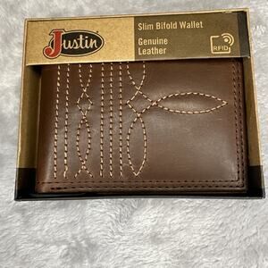Justin Wallet Slim Bifold Brown Genuine Leather‎ Boot Stitch RFID Western Cowboy